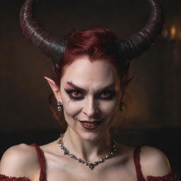 A horned female demon queen, tipsy, captured in an intriguing portrait. Her expression is cheeky, eyebrows raised, a hint of mischief in her crimson eyes.