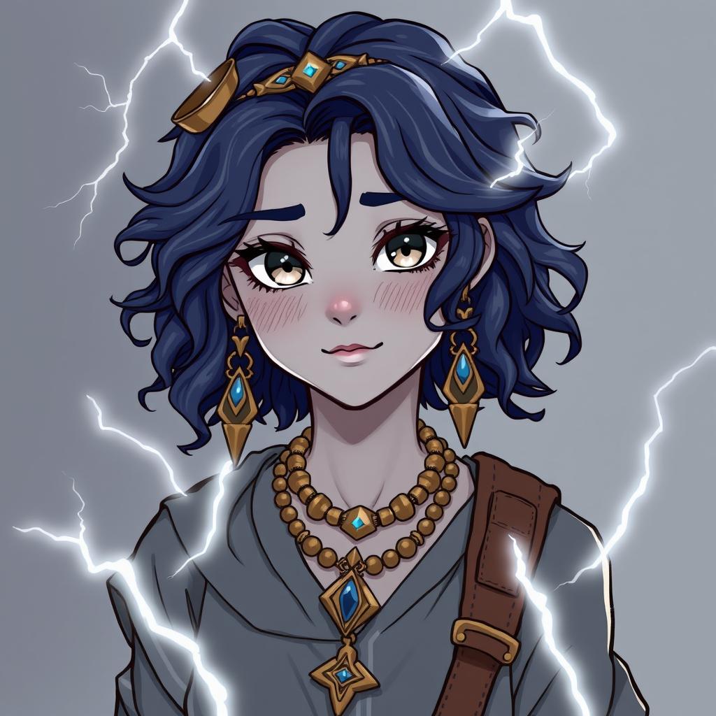 Draw a full-body air genasi girl with gray skin and navy blue wavy hair and gray eyes