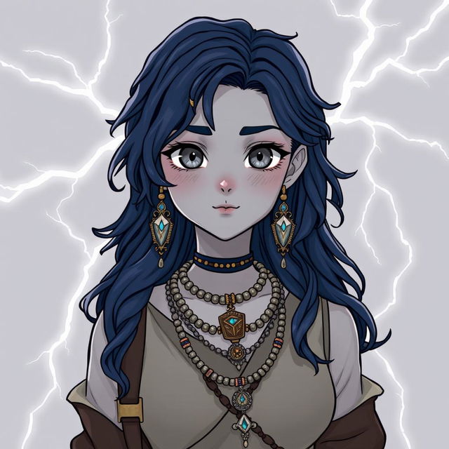 Draw a full-body air genasi girl with gray skin and navy blue wavy hair and gray eyes