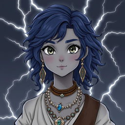 Draw a full-body air genasi girl with gray skin and navy blue wavy hair and gray eyes