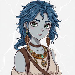 Draw a full-body air genasi girl with gray skin and navy blue wavy hair and gray eyes