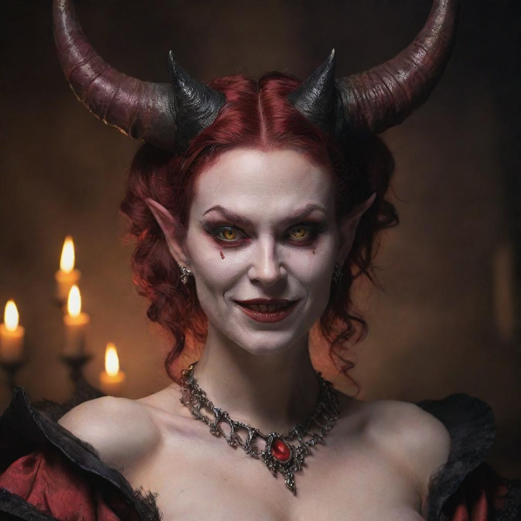 A horned female demon queen, tipsy, captured in an intriguing portrait. Her expression is cheeky, eyebrows raised, a hint of mischief in her crimson eyes.