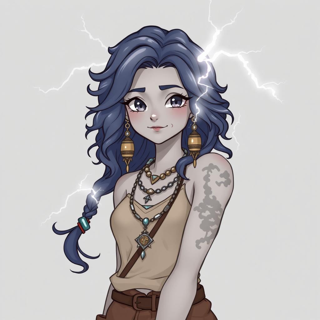 Draw a full-body air genasi girl with gray skin and navy blue wavy hair and gray eyes