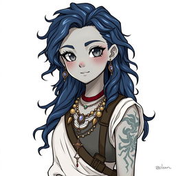 Draw a full-body air genasi girl with gray skin and navy blue wavy hair and gray eyes