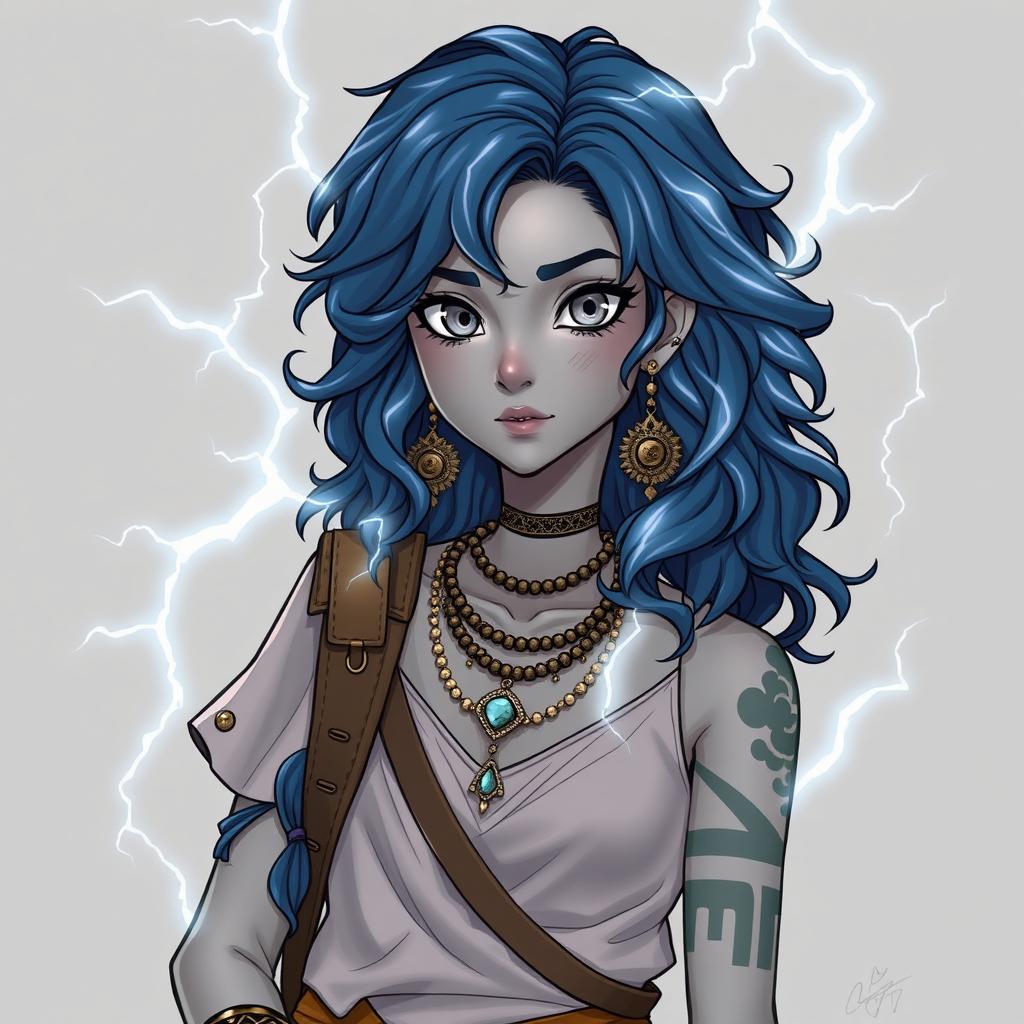 Draw a full-body air genasi girl with gray skin and navy blue wavy hair and gray eyes