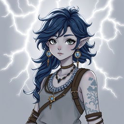 Draw a full-body air genasi girl with gray skin and navy blue wavy hair and gray eyes