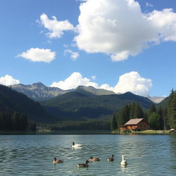 A beautiful landscape featuring a serene lake surrounded by mountains and forests, with a clear blue sky and fluffy white clouds