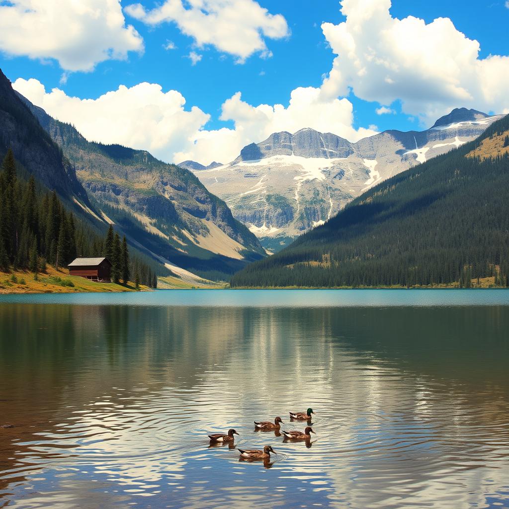 A beautiful landscape featuring a serene lake surrounded by mountains and forests, with a clear blue sky and fluffy white clouds