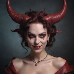 A horned female demon queen, tipsy, captured in an intriguing portrait. Her expression is cheeky, eyebrows raised, a hint of mischief in her crimson eyes.