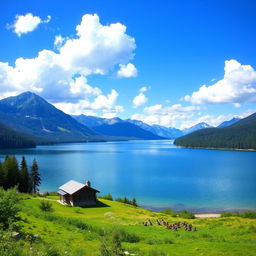 A beautiful landscape featuring a serene lake surrounded by mountains and forests, with a clear blue sky and fluffy white clouds