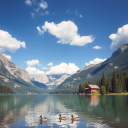 A beautiful landscape featuring a serene lake surrounded by mountains and forests, with a clear blue sky and fluffy white clouds