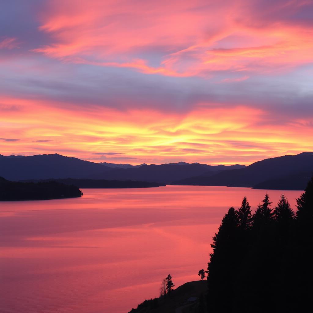 A serene landscape featuring a vibrant sunset over a calm lake, with mountains in the background and trees lining the shore