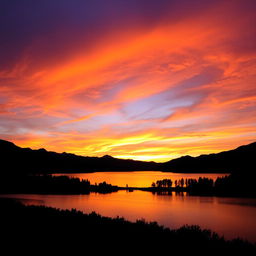 A serene landscape featuring a vibrant sunset over a calm lake, with mountains in the background and trees lining the shore