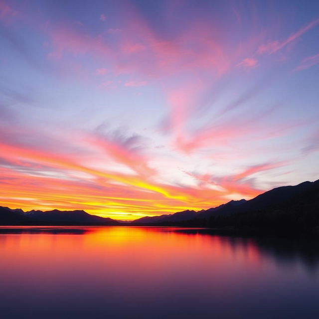 A serene landscape featuring a vibrant sunset over a calm lake, with mountains in the background and trees lining the shore