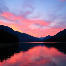 A serene landscape featuring a vibrant sunset over a calm lake, with mountains in the background and trees lining the shore