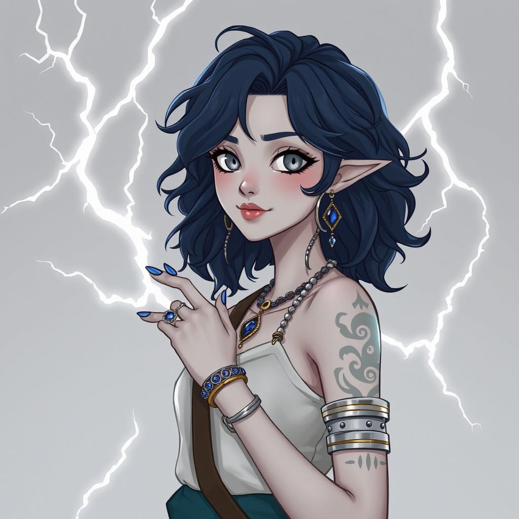 Draw a full-body air genasi girl with gray skin and navy blue wavy hair and gray eyes