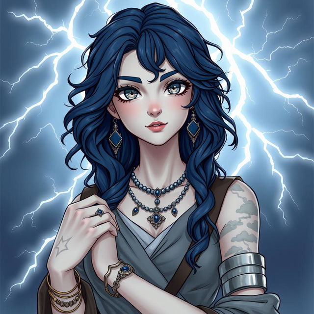 Draw a full-body air genasi girl with gray skin and navy blue wavy hair and gray eyes