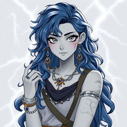 Draw a full-body air genasi girl with gray skin and navy blue wavy hair and gray eyes