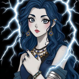 Draw a full-body air genasi girl with gray skin and navy blue wavy hair and gray eyes