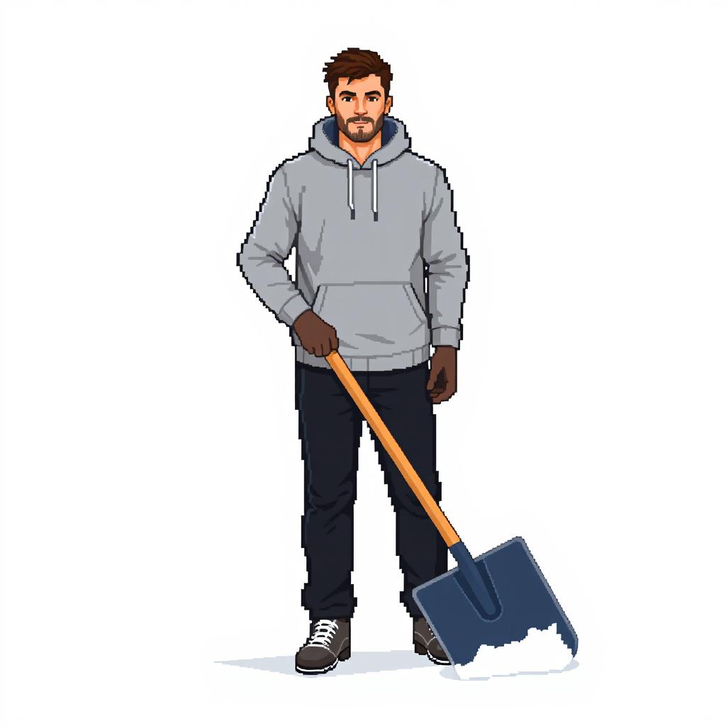 A man in a gray sweatshirt and black pants standing with a snow shovel in hand, front view