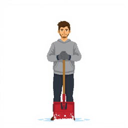 A man in a gray sweatshirt and black pants standing with a snow shovel in hand, front view