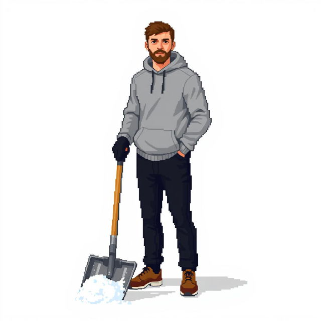 A man in a gray sweatshirt and black pants standing with a snow shovel in hand, front view