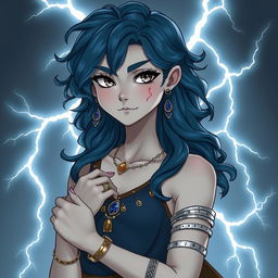 Draw a full-body air genasi girl with gray skin and navy blue wavy hair and gray eyes