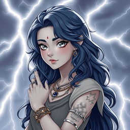 Draw a full-body air genasi girl with gray skin and navy blue wavy hair and gray eyes