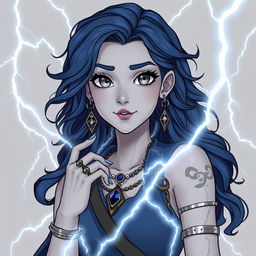 Draw a full-body air genasi girl with gray skin and navy blue wavy hair and gray eyes