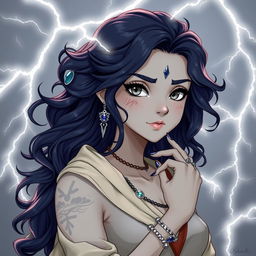 Draw a full-body air genasi girl with gray skin and navy blue wavy hair and gray eyes