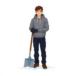 A young man in a gray sweatshirt and black pants standing with a snow shovel in hand, front view