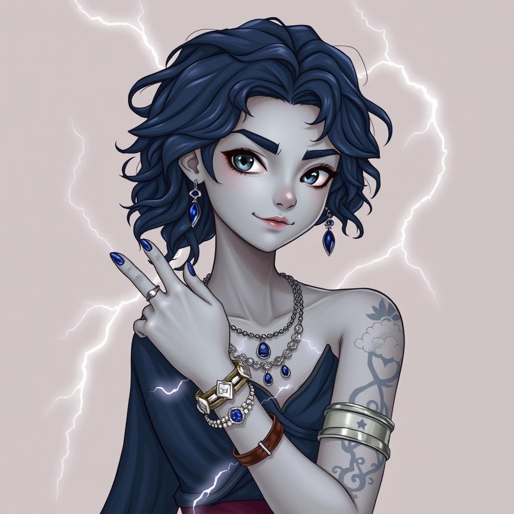 Draw a full-body, semi-realistic air genasi girl with gray skin and navy blue wavy hair and gray eyes