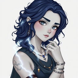 Draw a full-body, semi-realistic air genasi girl with gray skin and navy blue wavy hair and gray eyes