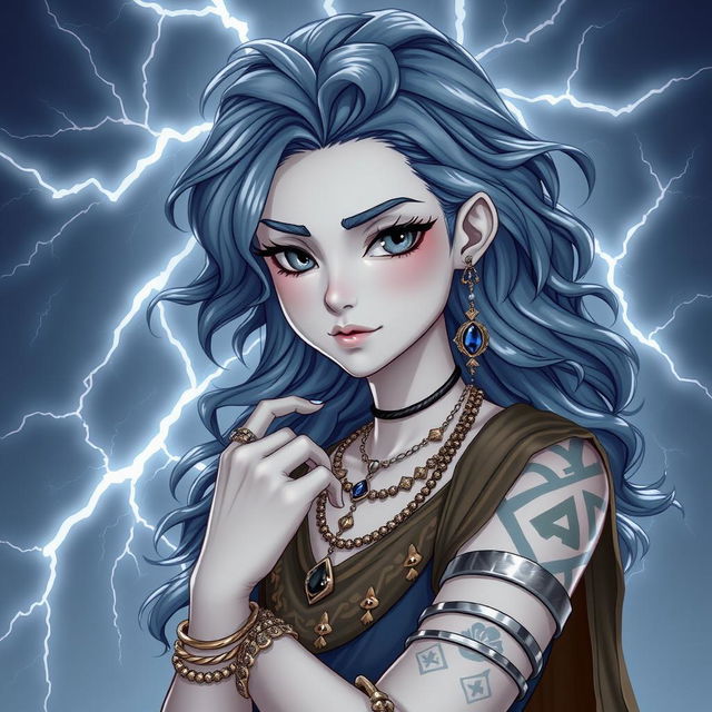 Draw a full-body, semi-realistic air genasi girl with gray skin and navy blue wavy hair and gray eyes