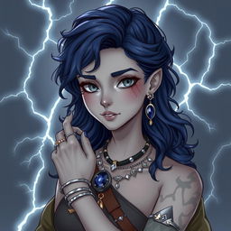 Draw a full-body, semi-realistic air genasi girl with gray skin and navy blue wavy hair and gray eyes