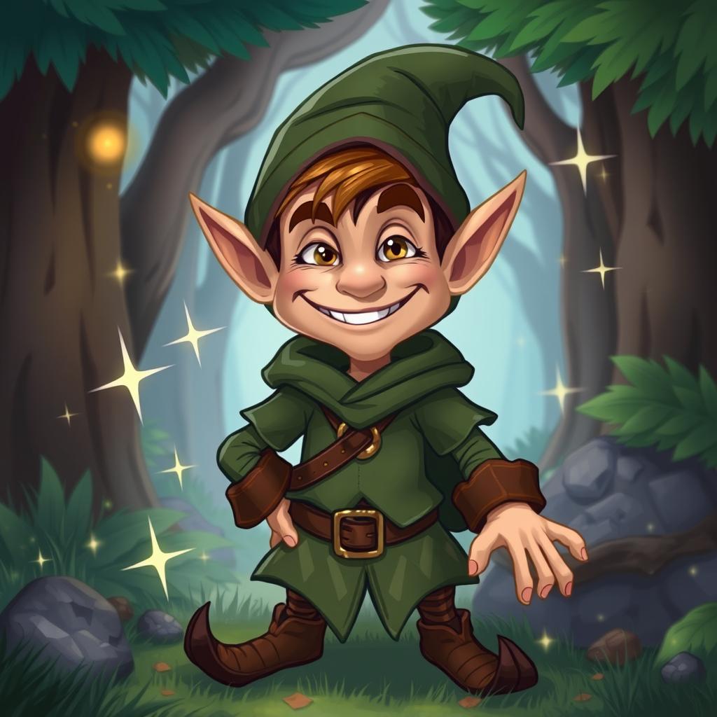 A mischievous elf trickster in a fantasy forest setting