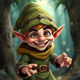 A mischievous elf trickster in a fantasy forest setting