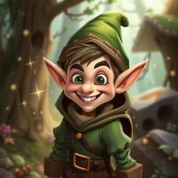 A mischievous elf trickster in a fantasy forest setting