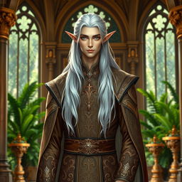 A regal male high elf noble standing in an opulent elven palace