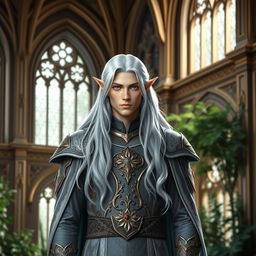 A regal male high elf noble standing in an opulent elven palace