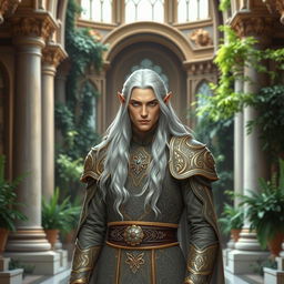 A regal male high elf noble standing in an opulent elven palace