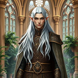 A regal male high elf noble standing in an opulent elven palace