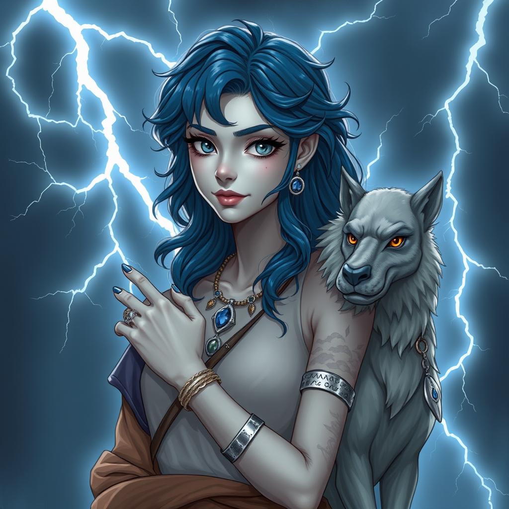 Draw a full-body, semi-realistic air genasi girl with gray skin and navy blue wavy hair and gray eyes