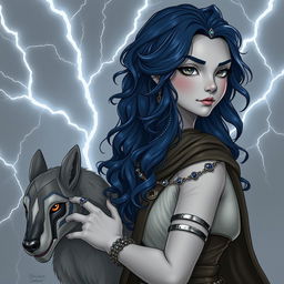 Draw a full-body, semi-realistic air genasi girl with gray skin and navy blue wavy hair and gray eyes