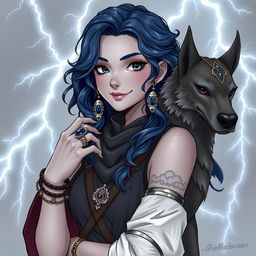 Draw a full-body, semi-realistic air genasi girl with gray skin and navy blue wavy hair and gray eyes