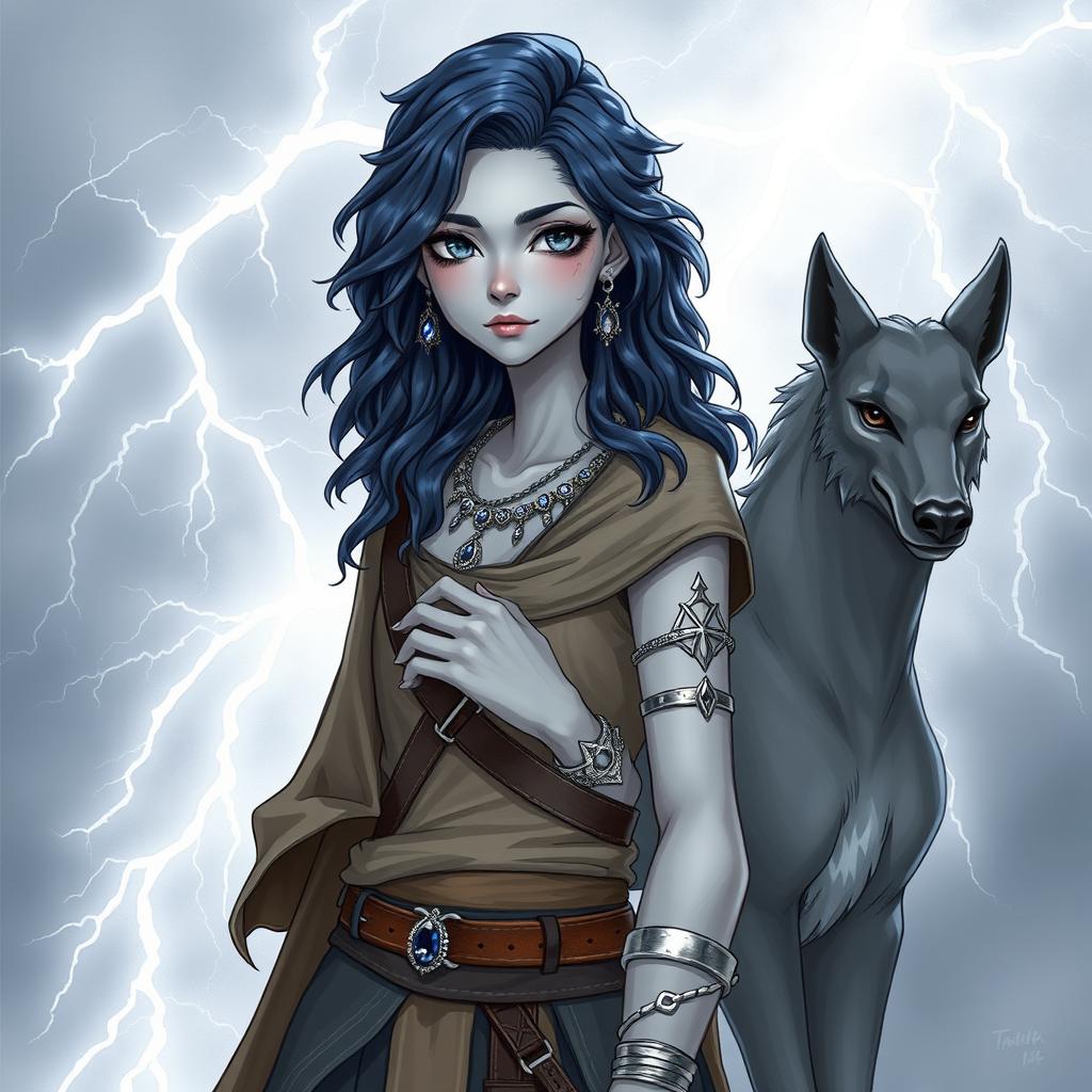 Draw a full-body, semi-realistic air genasi girl with gray skin and navy blue wavy hair and gray eyes