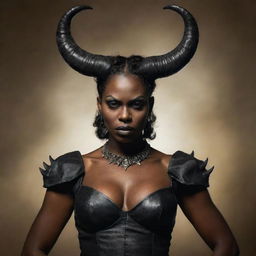 African American Demon Queen with imposing horns, appearing slightly inebriated