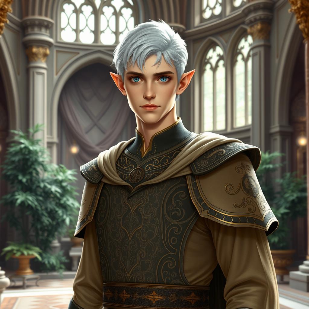 A regal male high elf noble standing in an opulent elven palace