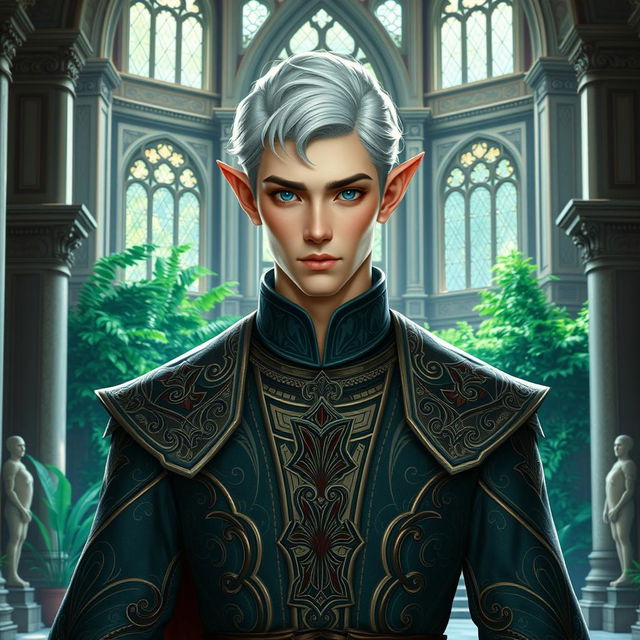 A regal male high elf noble standing in an opulent elven palace