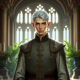 A regal male high elf noble standing in an opulent elven palace